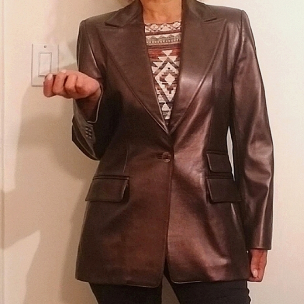 Linda Allard Ellen  Tracy Vintage long sleeve metallic brown leather jacket